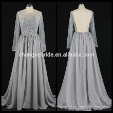 Real Photos Long Sleeve chiffon Robe de soirée strass Backless Chiffon Evening Gown